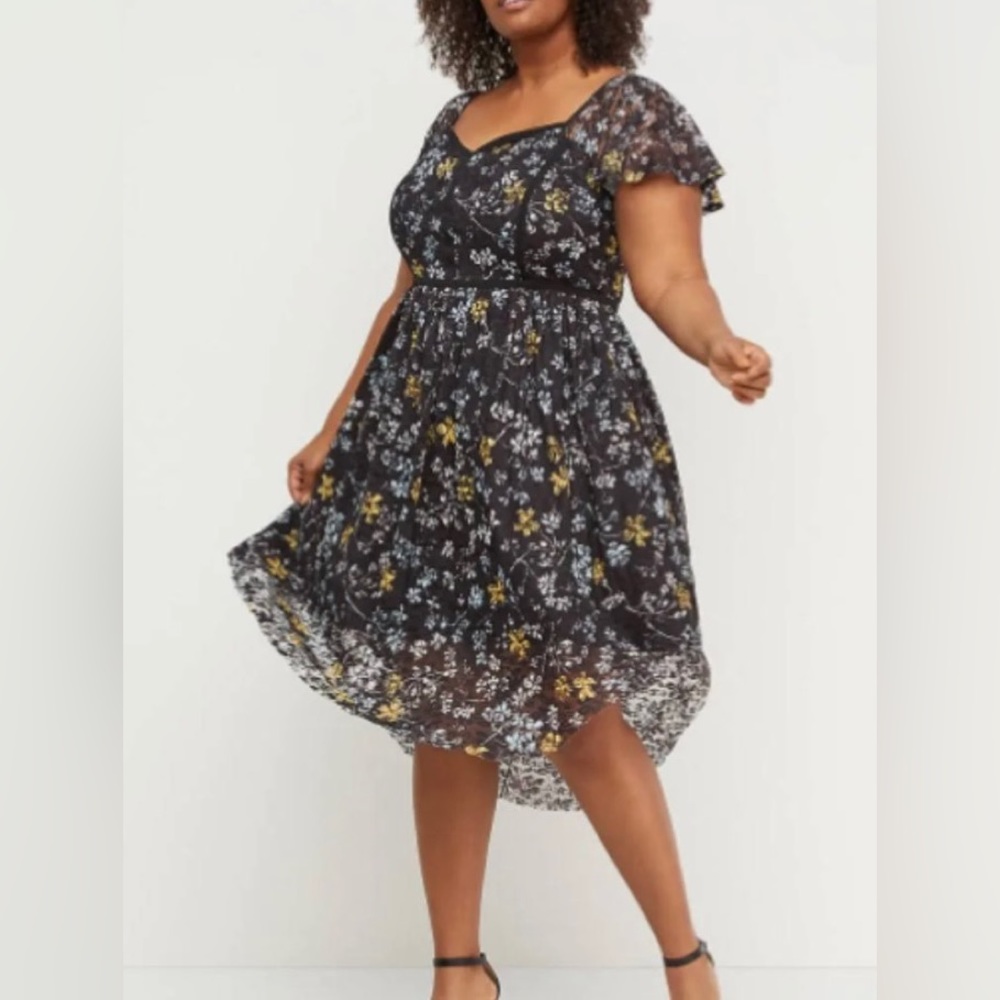 Lane Bryant Black Lace Floral Print MIDI Dress Romantic Coquette.  Sz 16P.  NWT!